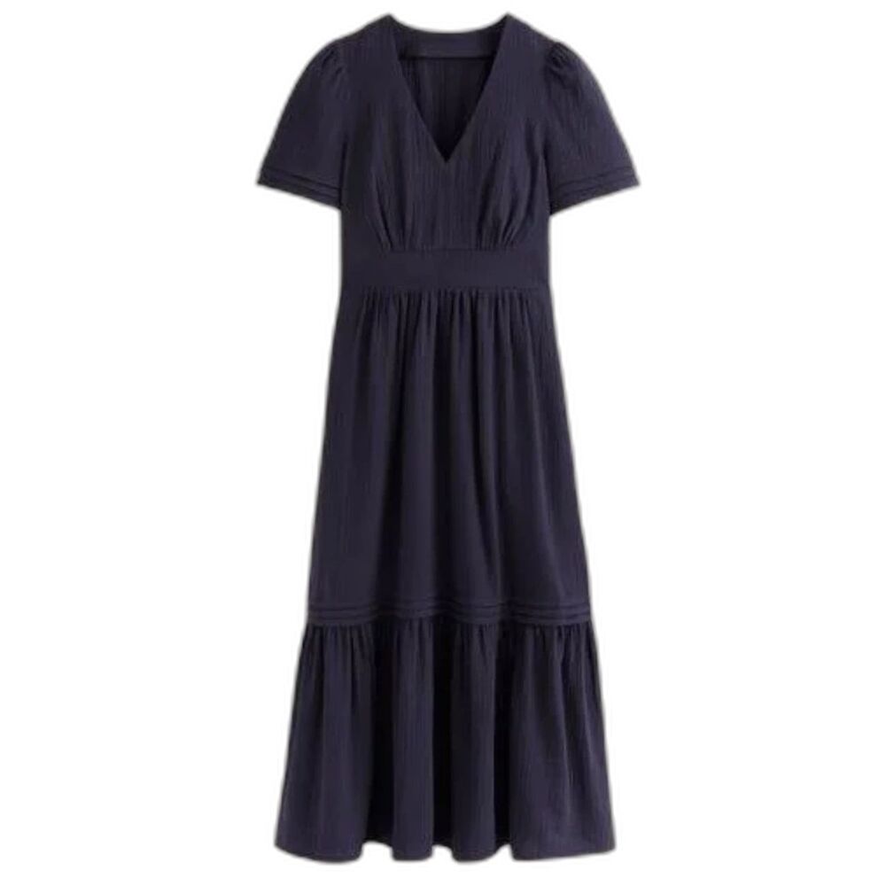 Boden Eve Double Cloth Dress Midi Navy Blue Tiered Gauze Pockets SS Size 14R